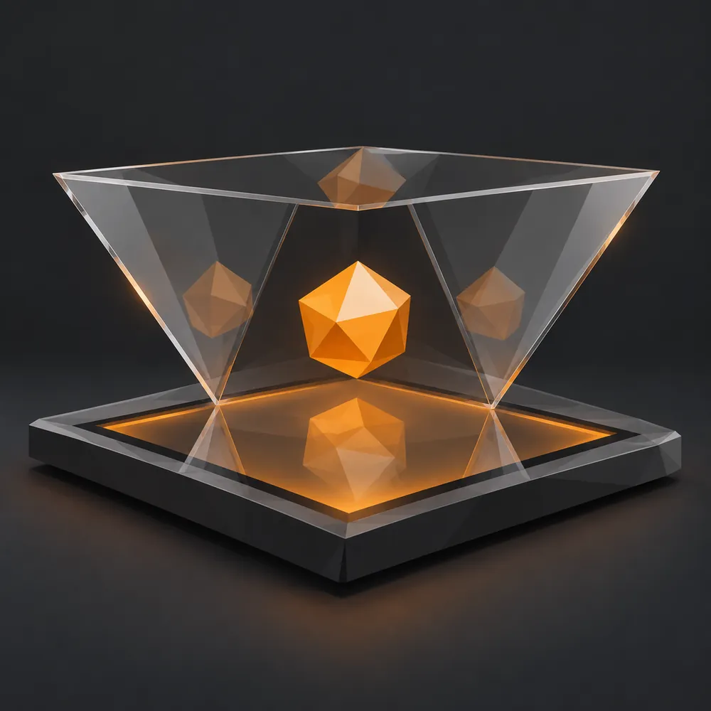 Une pyramide de verre qui reflète un objet 3D