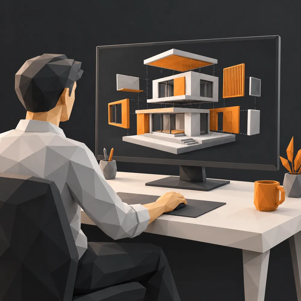 Une personne à son bureau devant une scène 3D qui se construit