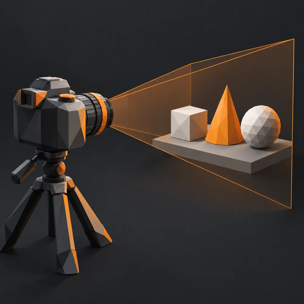 Une caméra qui cadre une petite scène 3D