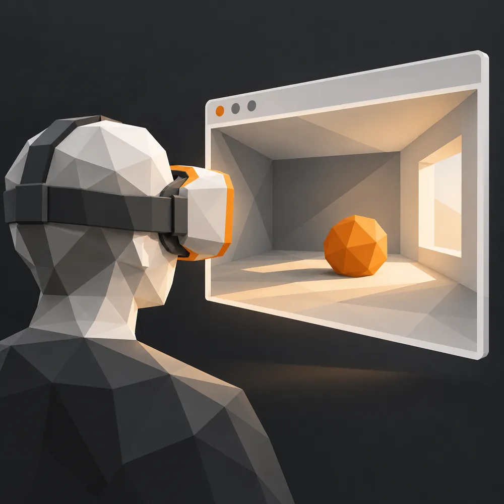 Un casque de réalité virtuelle face à une page web qui s'ouvre en volume