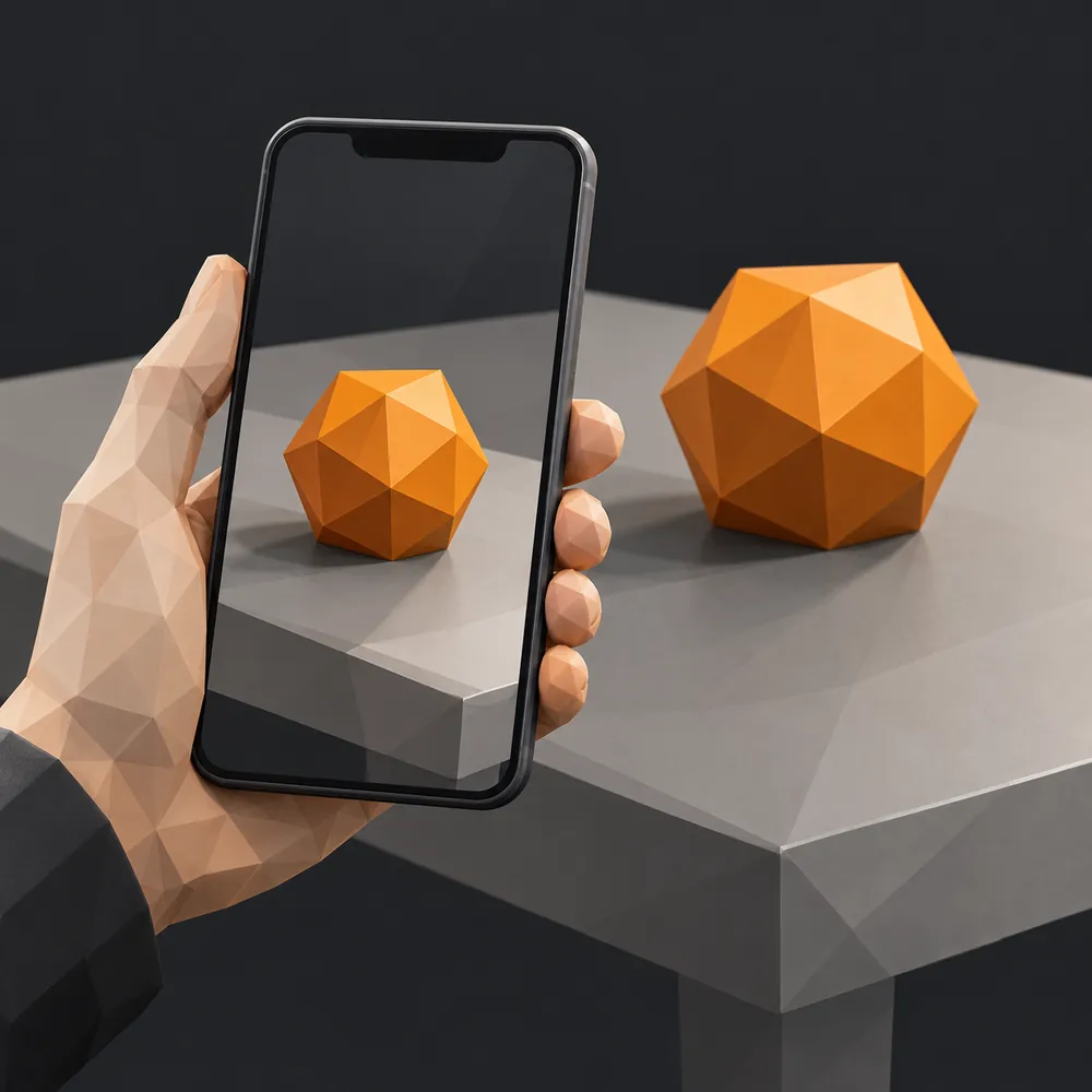 Un téléphone qui affiche un objet 3D posé sur une table réelle